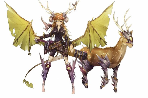 A girl with horns and weapons with a deer from the anime