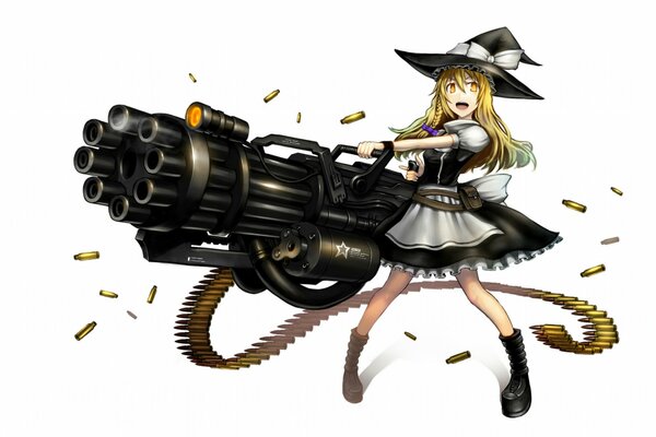 A girl in a hat with a huge machine gun