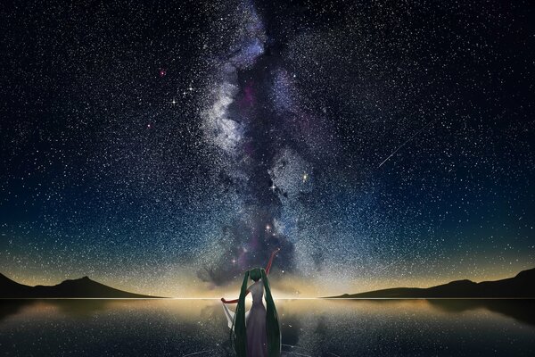 Landscape. Anime girl and the Milky Way