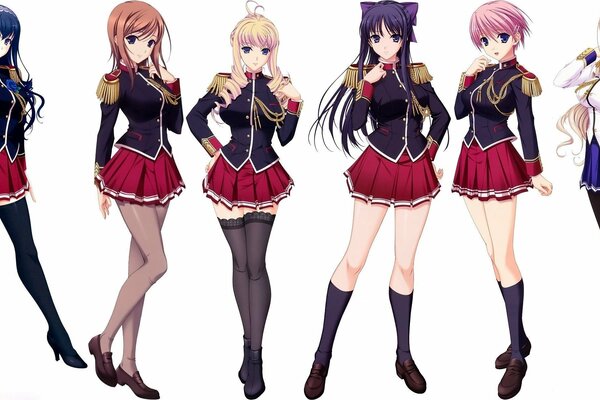 Six filles en uniforme scolaire et des bas