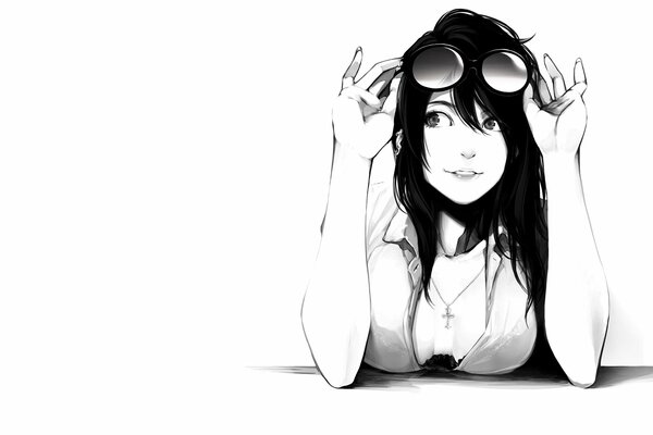 Monochrome Kunst im Anime-Stil. Mädchen mit Brille