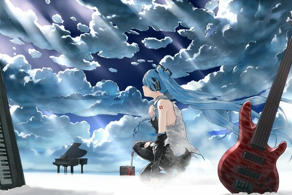 A girl with blue hair is sitting next to musical instruments