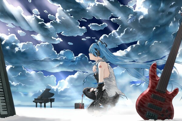 Chica con el pelo azul se sienta al lado de los instrumentos musicales