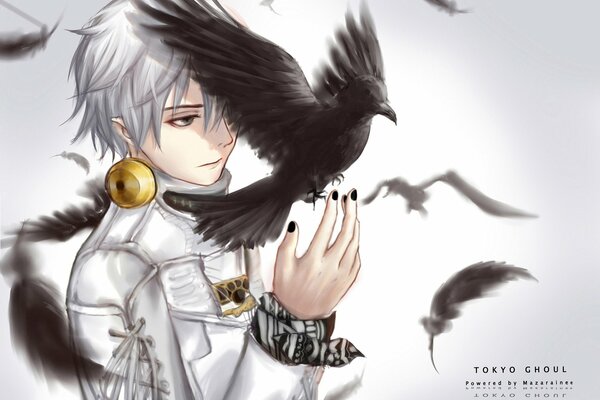 Anime guy in white with a raven