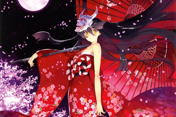 Anime demon of the night, she-devil in sakura petals