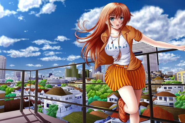 Anime belle fille sur le toit