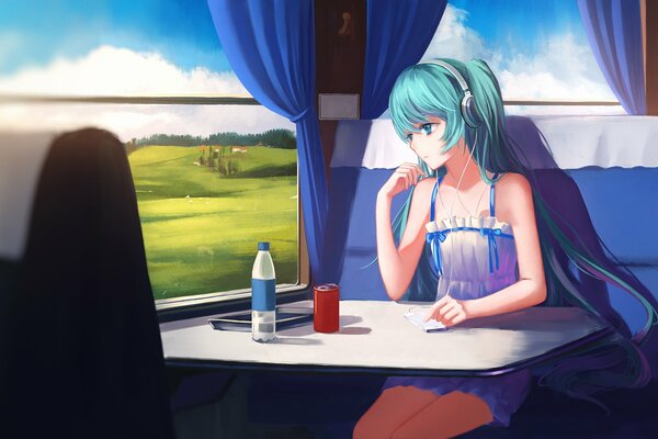 Hatsune Miku on the train listening to music at the window