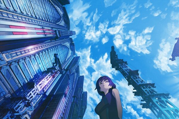 Anime girl on the background of tall houses and the sky