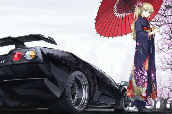 Sakura on the background of a black car