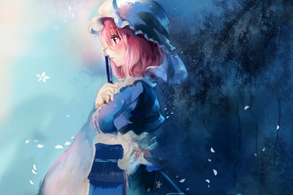 Fille dans un bonnet et un kimono parsemé de pétales de Sakura