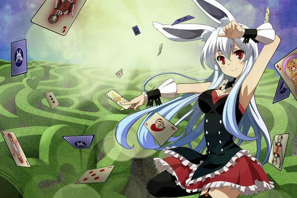 A girl with ears and playing cards