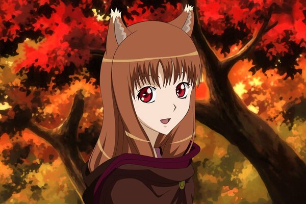 Cartoon heroine on the background of autumn trees