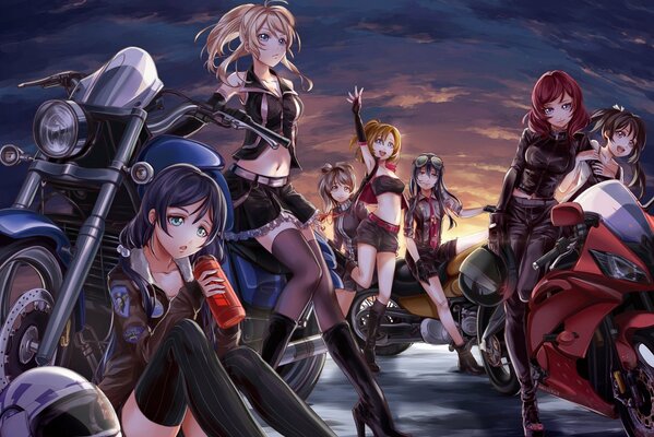 Chicas anime con motos al atardecer