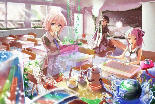 Anime cafe with three girls