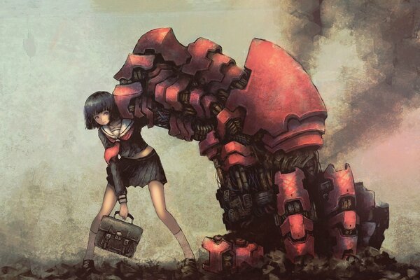Anime schoolgirl with a huge robot arm