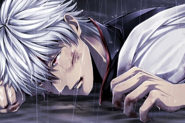 Gintama herido yace bajo la lluvia