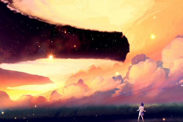 Anime girl on the background of a beautiful starry sky with clouds