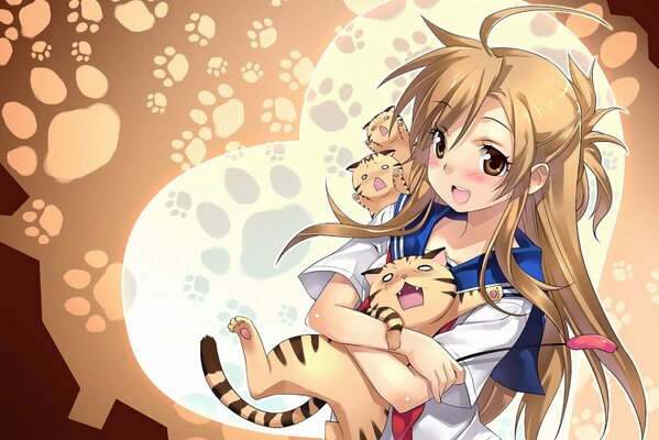 Cute anime girl with kittens on the background of cat paws