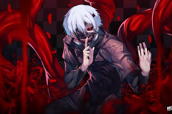 Tokyo Ghoul auf blutrotem Hintergrund