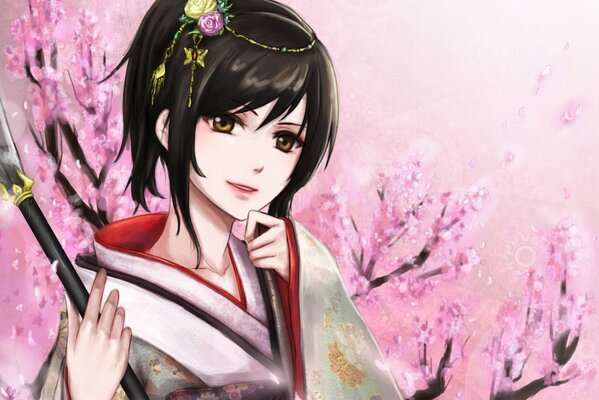 Mädchen im Kimono unter Sakura