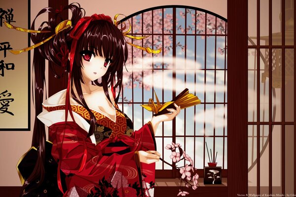 Anime geisha girl with a crane in her hand