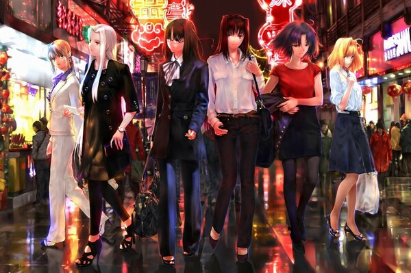 Six filles japonaises se promènent dans la ville de nuit