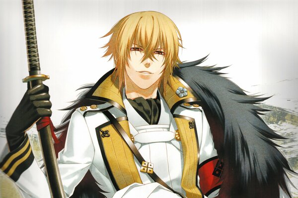 A blond man in a military uniform from the anime grins