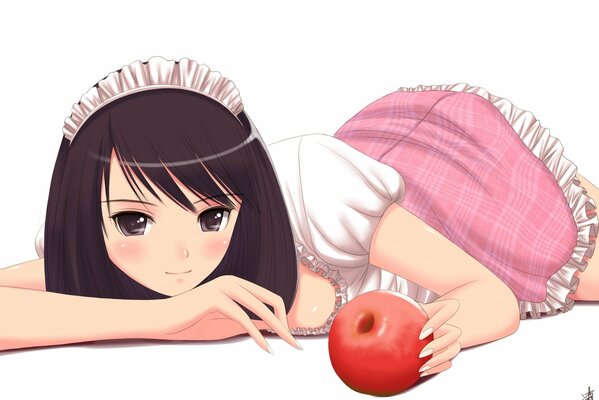 Anime-Mädchen mit einem Apfel auf weißem Hintergrund