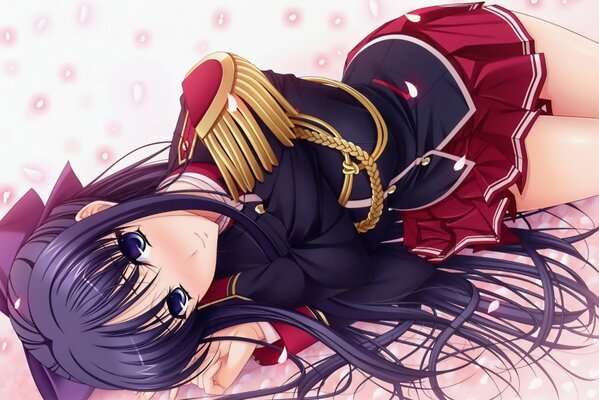 A girl in uniform is lying on the bed