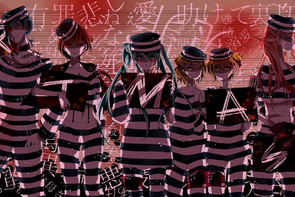 Ragazzi e ragazze di Vocaloid in uniforme a strisce