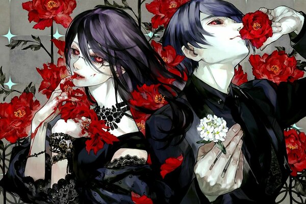 Tokyo Ghoul Characters with Red Flowers