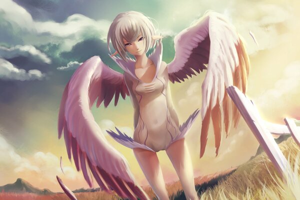 Chica con alas de ángel en el campo