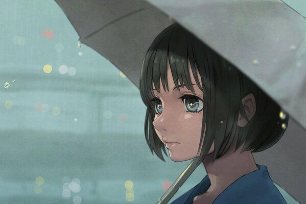 Sad girl under an umbrella in anime style