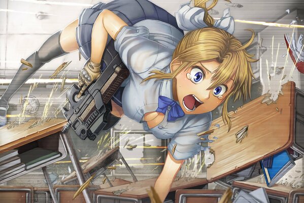 Mädchen mit einem Maschinengewehr im Anime-Stil