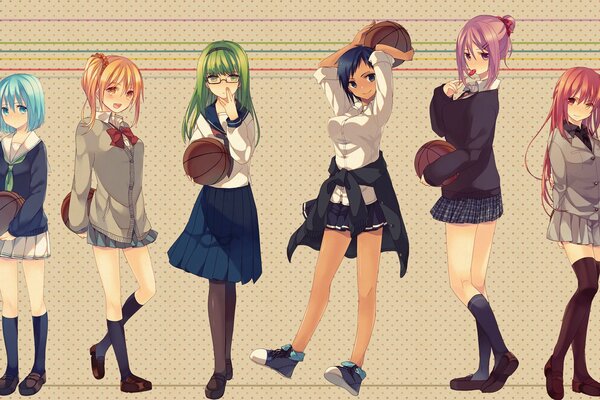 Anime japonés en el estilo de colegialas sexy con pelo de color y en faldas