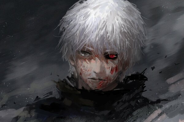 A ghoul from Tokyo with white hair