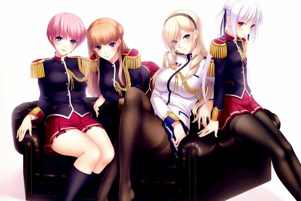 Four anime girls in uniform with shoulder straps