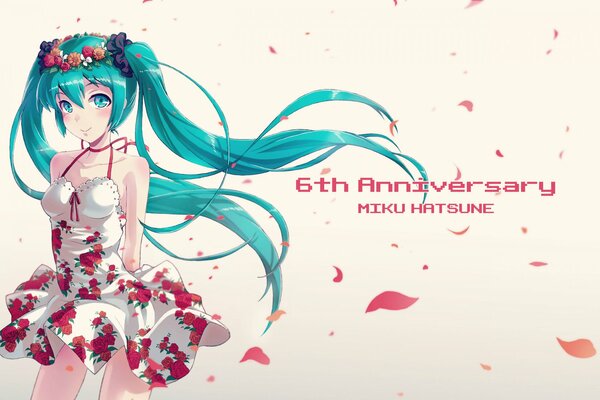 Anime girl with green hair in a beautiful dress with red flowers