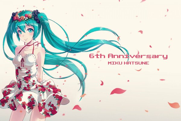 Chica de anime con el pelo verde en un hermoso vestido con flores rojas