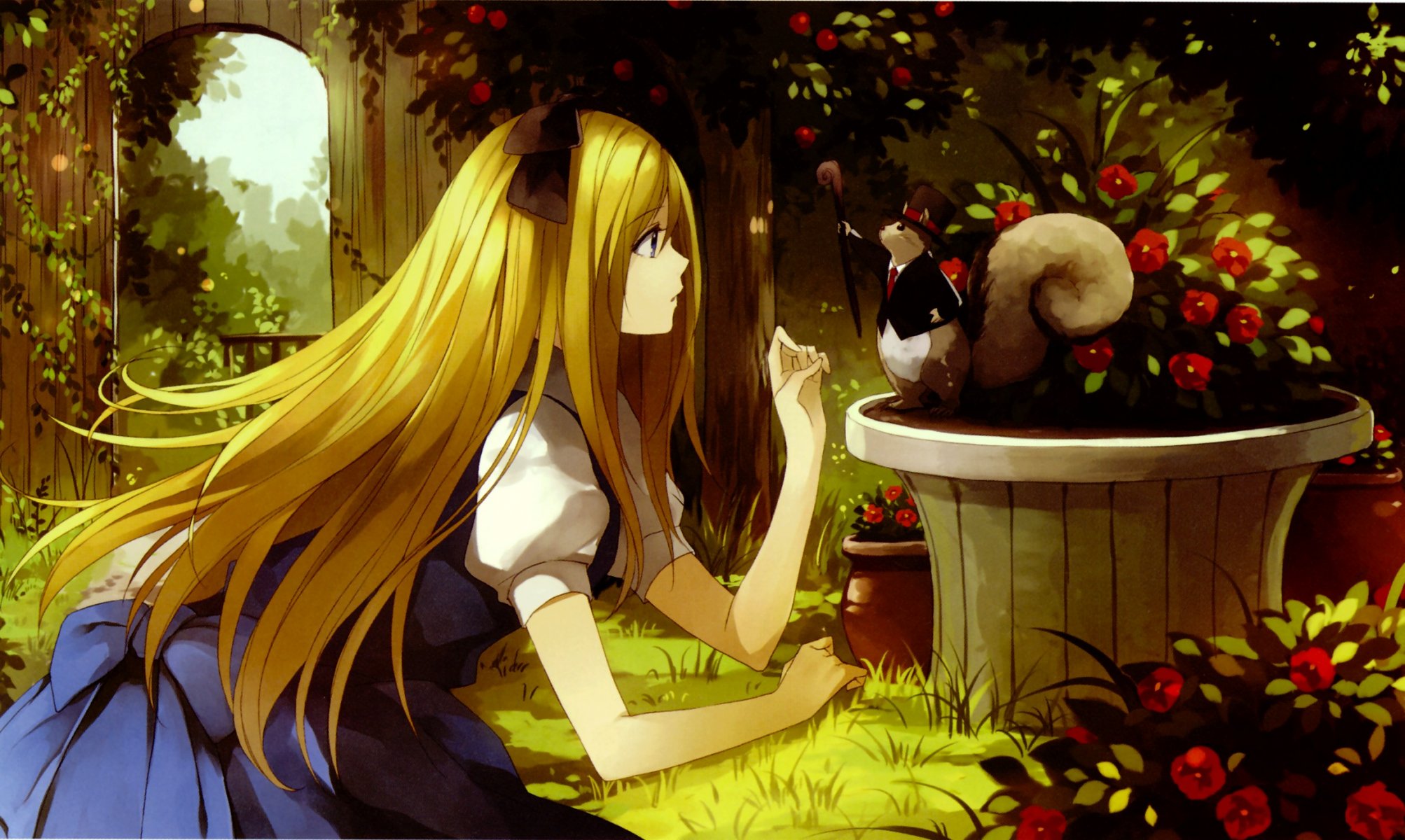 kunst re anime alice im wunderland alice mädchen garten blumen tier eichhörnchen hut