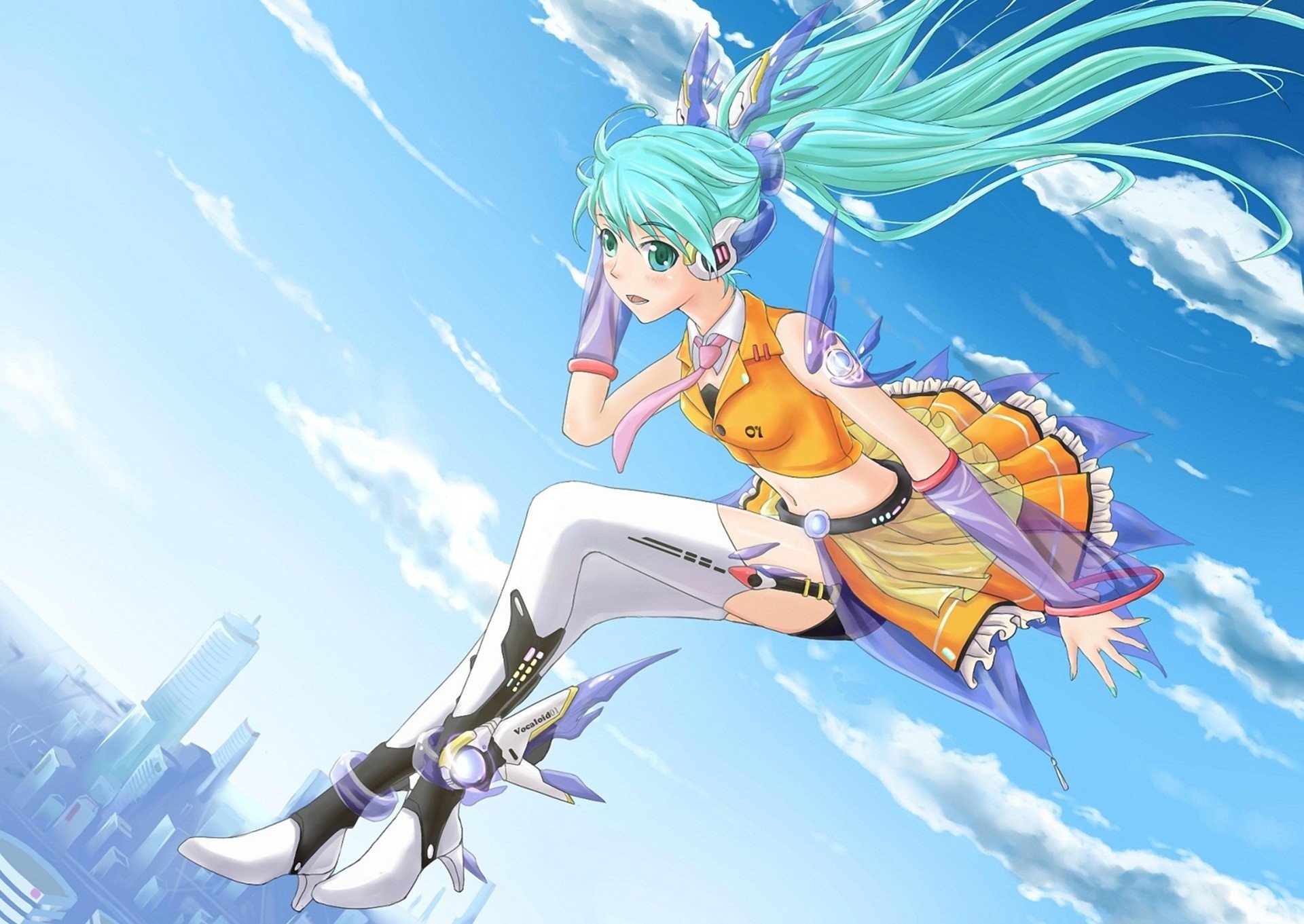 kunst vocaloid vocaloid hatsune miku mädchen am himmel wolken stadt