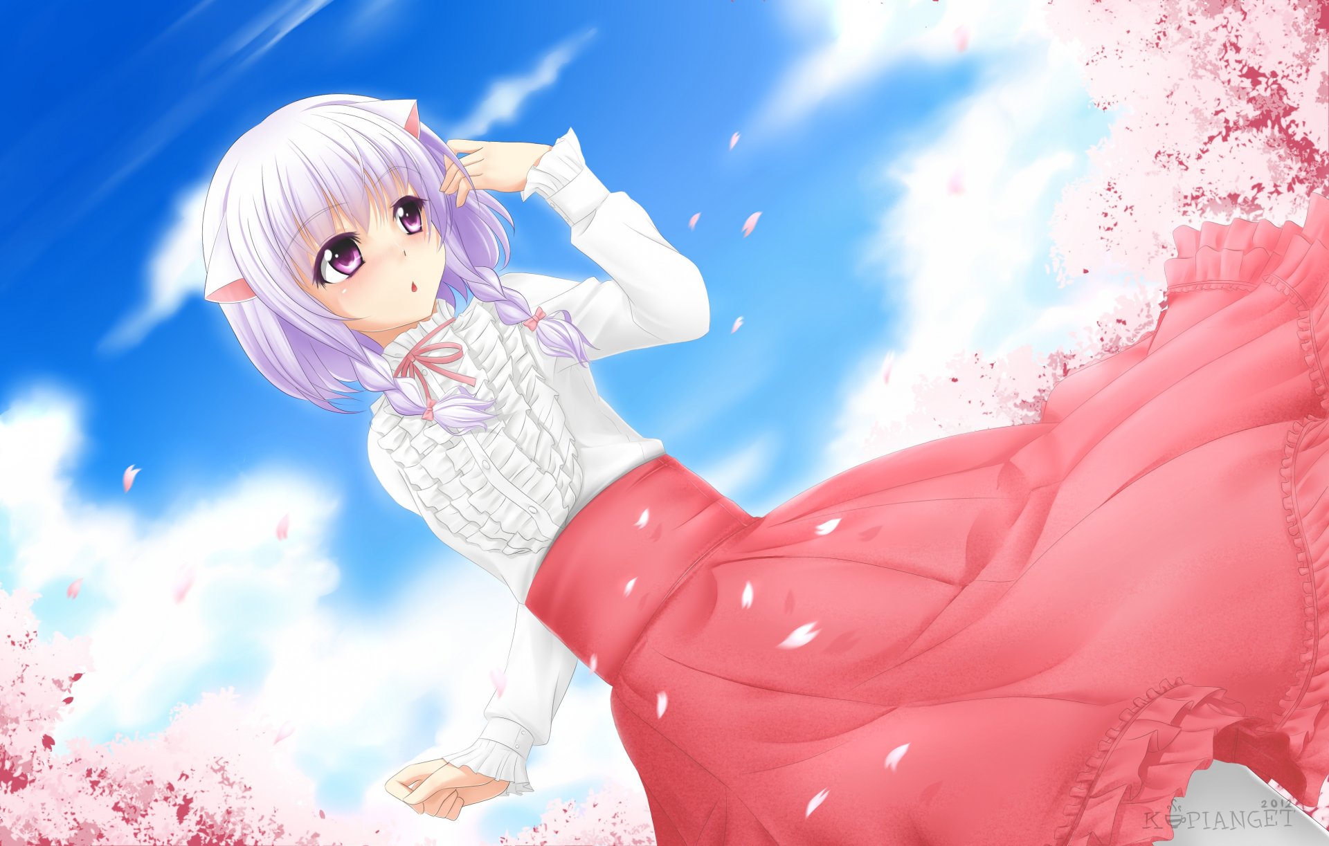 art kopianget fille vent pétales sakura oreilles neko