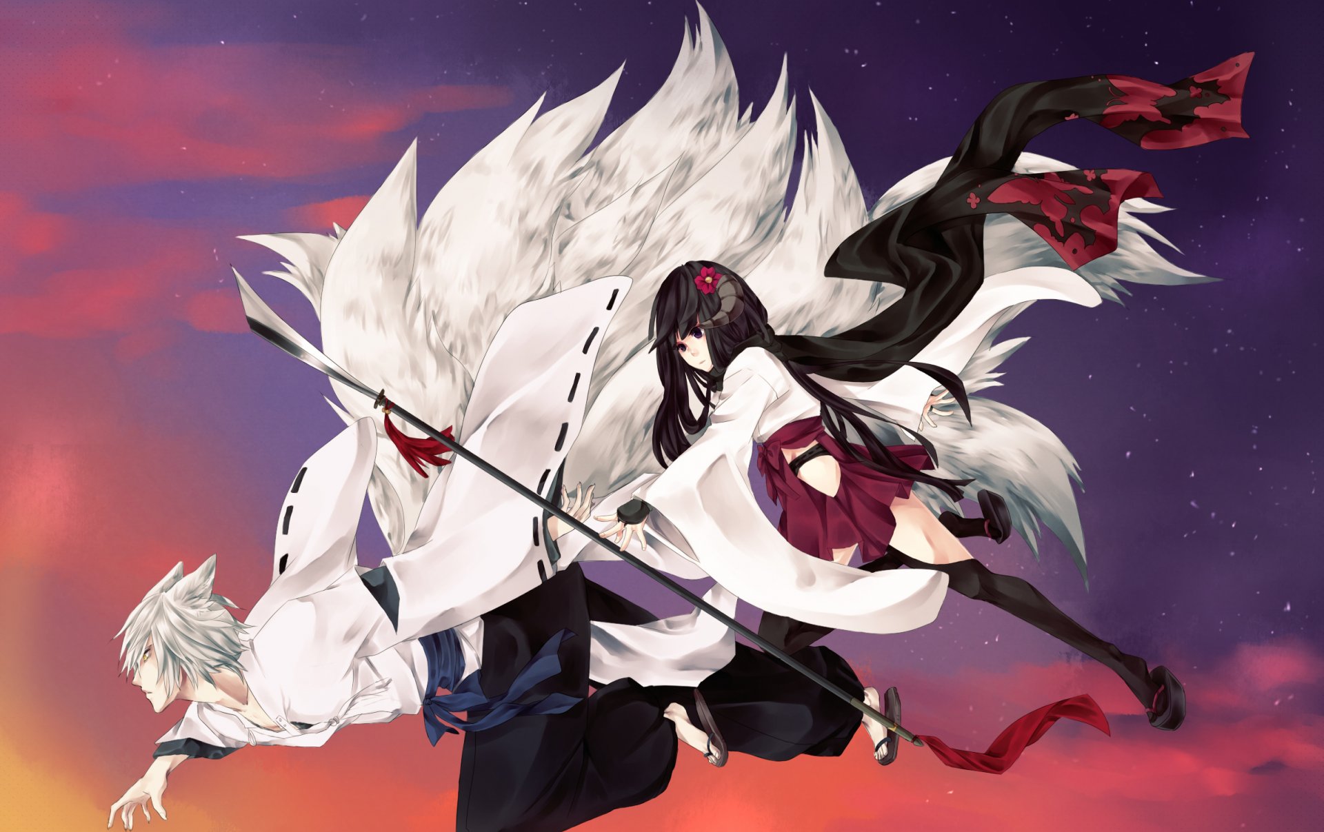 inu x boku ss guy girl sky tails horn flower night