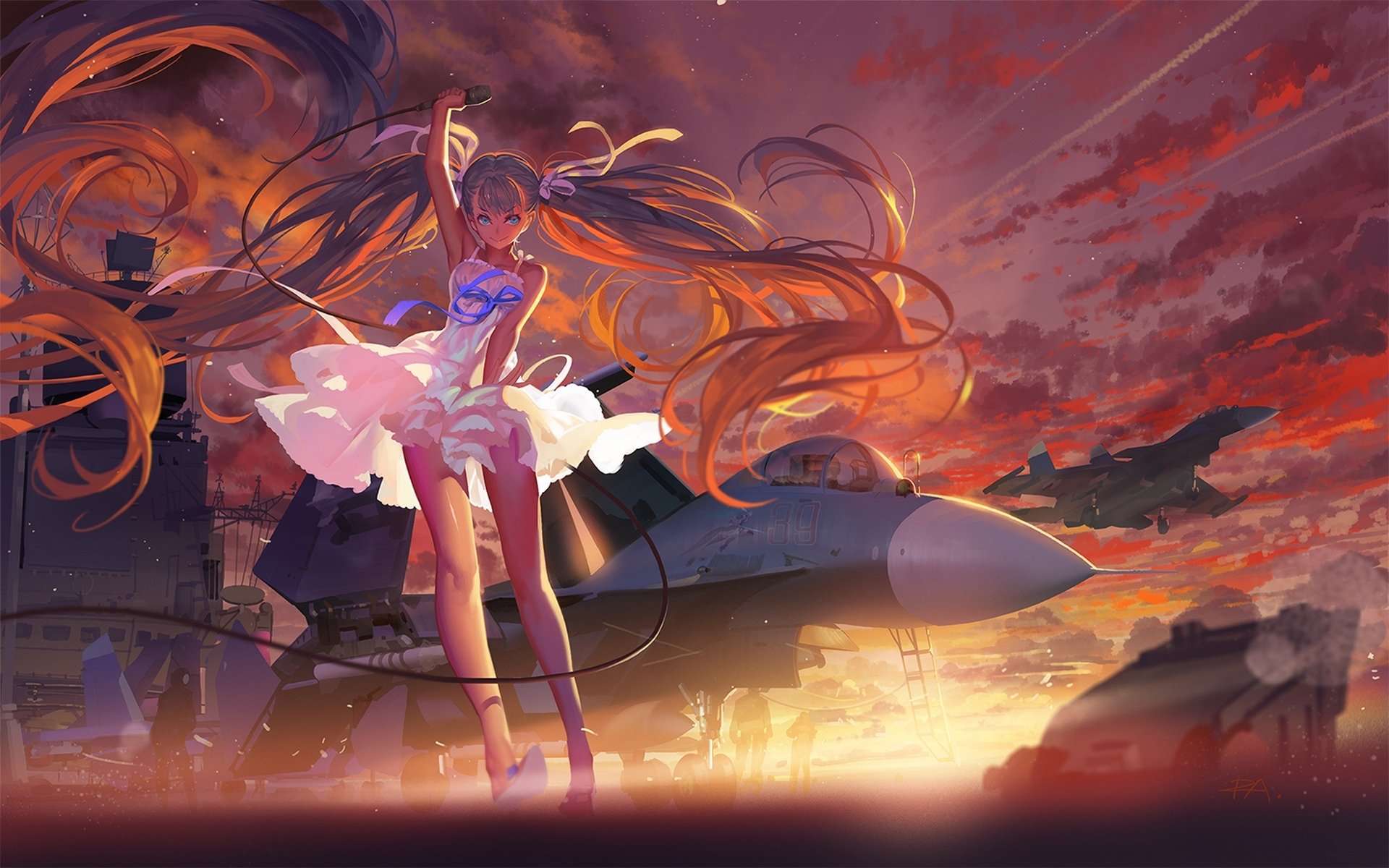 kunst alphonse vocaloid hatsune miku mädchen mikrofon flugzeug sonnenuntergang himmel wolken anime