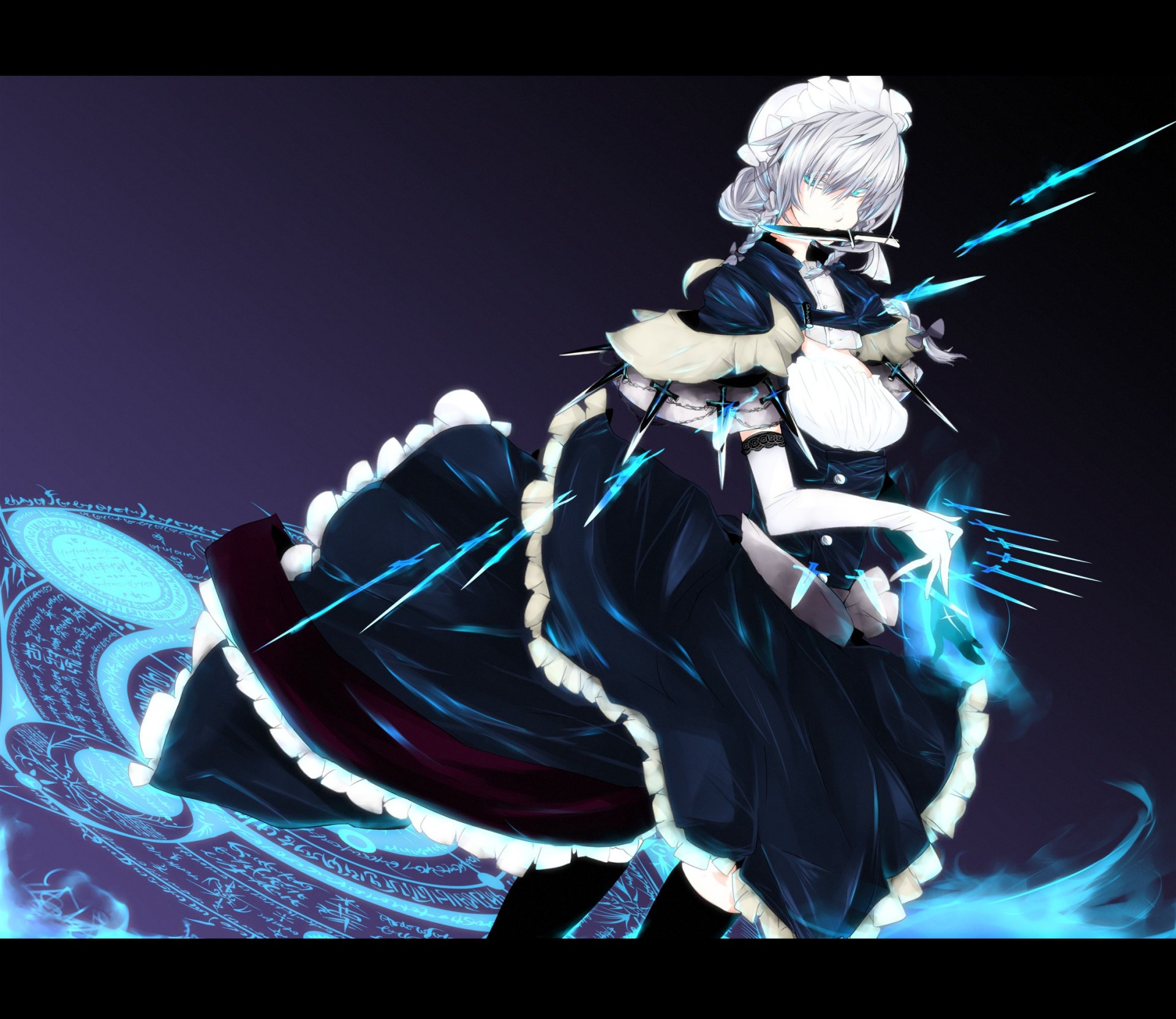 art tp65pxu4 touhou izaei sakuya fille anime femme de ménage couteau cercle magique gants lettrage tresses bonnet