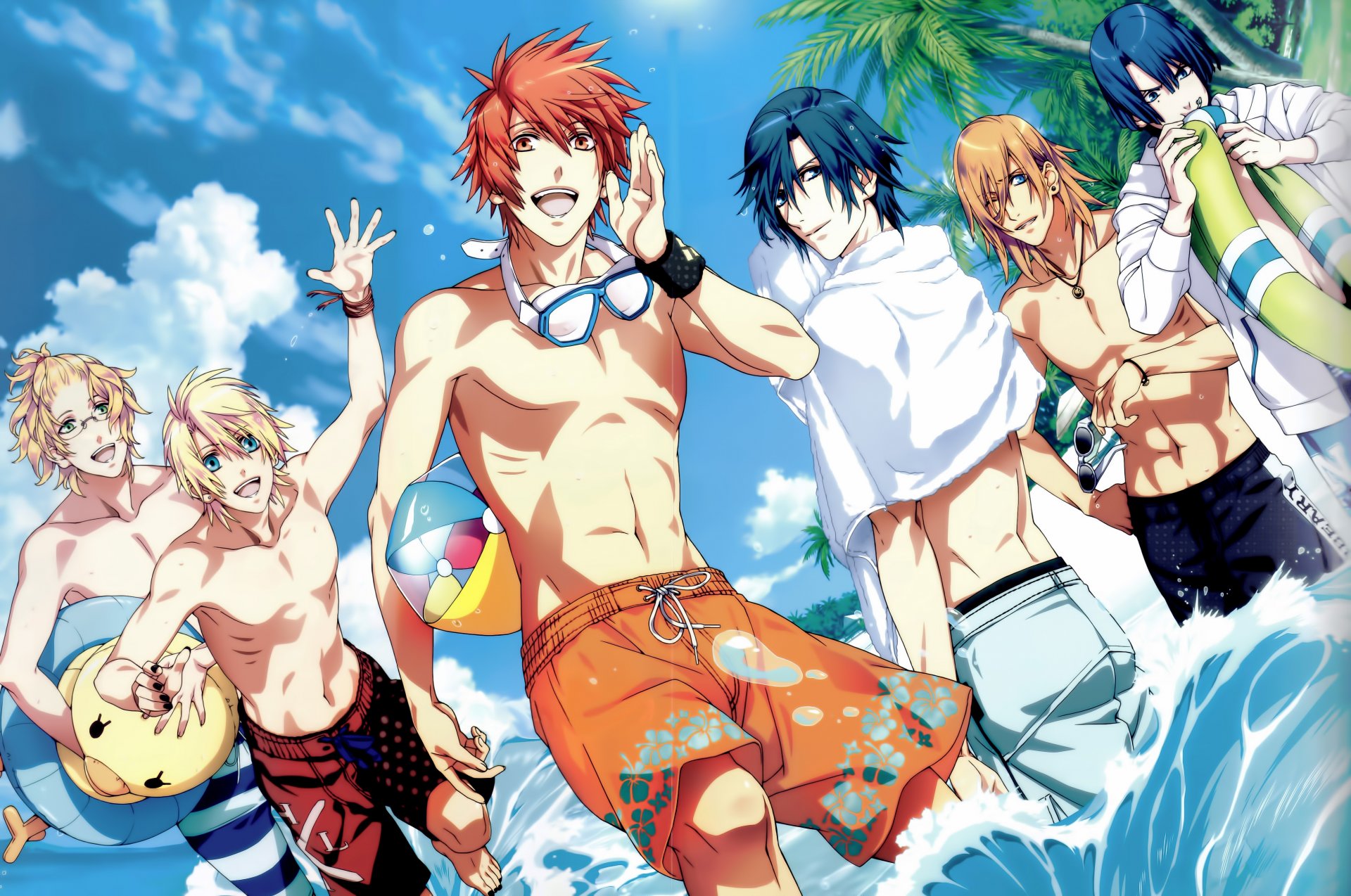 arte mori mitsue anime uta no prince sama ichinose tokiya jinguji ren hijirikawa masato ittoki otoya kurusu show shinomiya natsuki chicos playa mar agua océano diversión gotas bola círculo toalla gafas palmeras cielo nubes sol