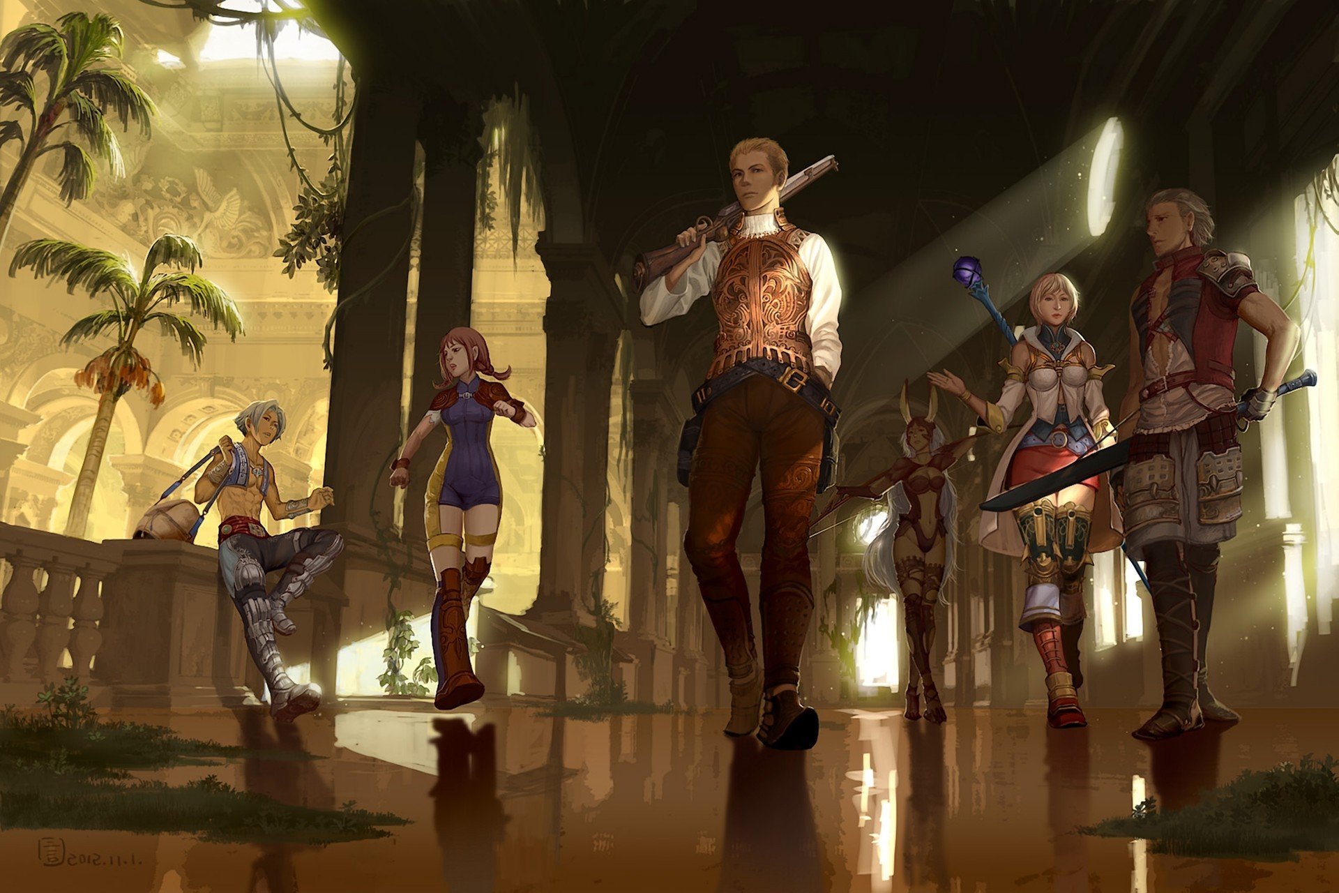 arte mugon final fantasy xii chicos chicas armas edificio columnas