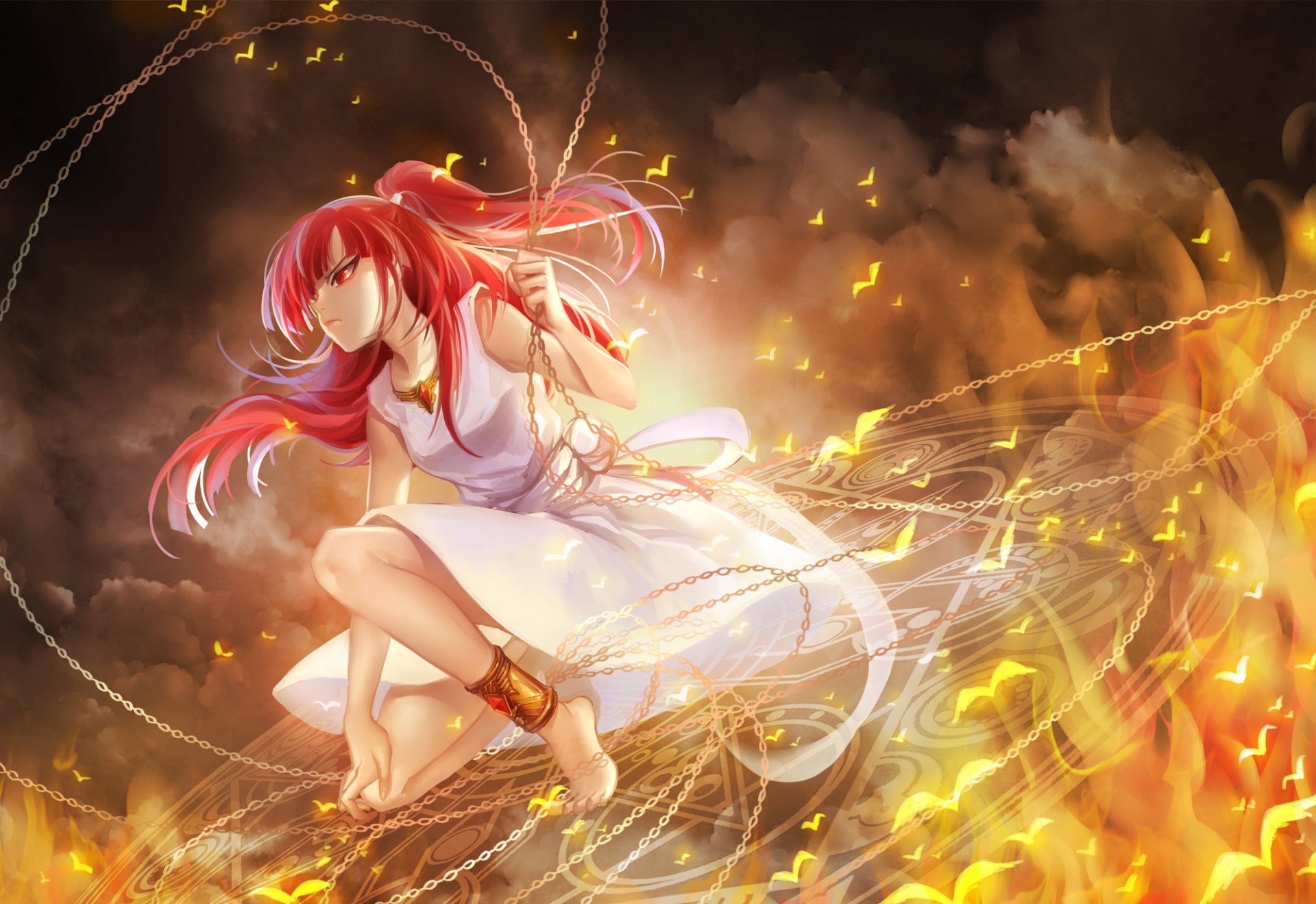 art huazha01 anime magi the labyrinth of magic morgiana girl chains birds smoke fire