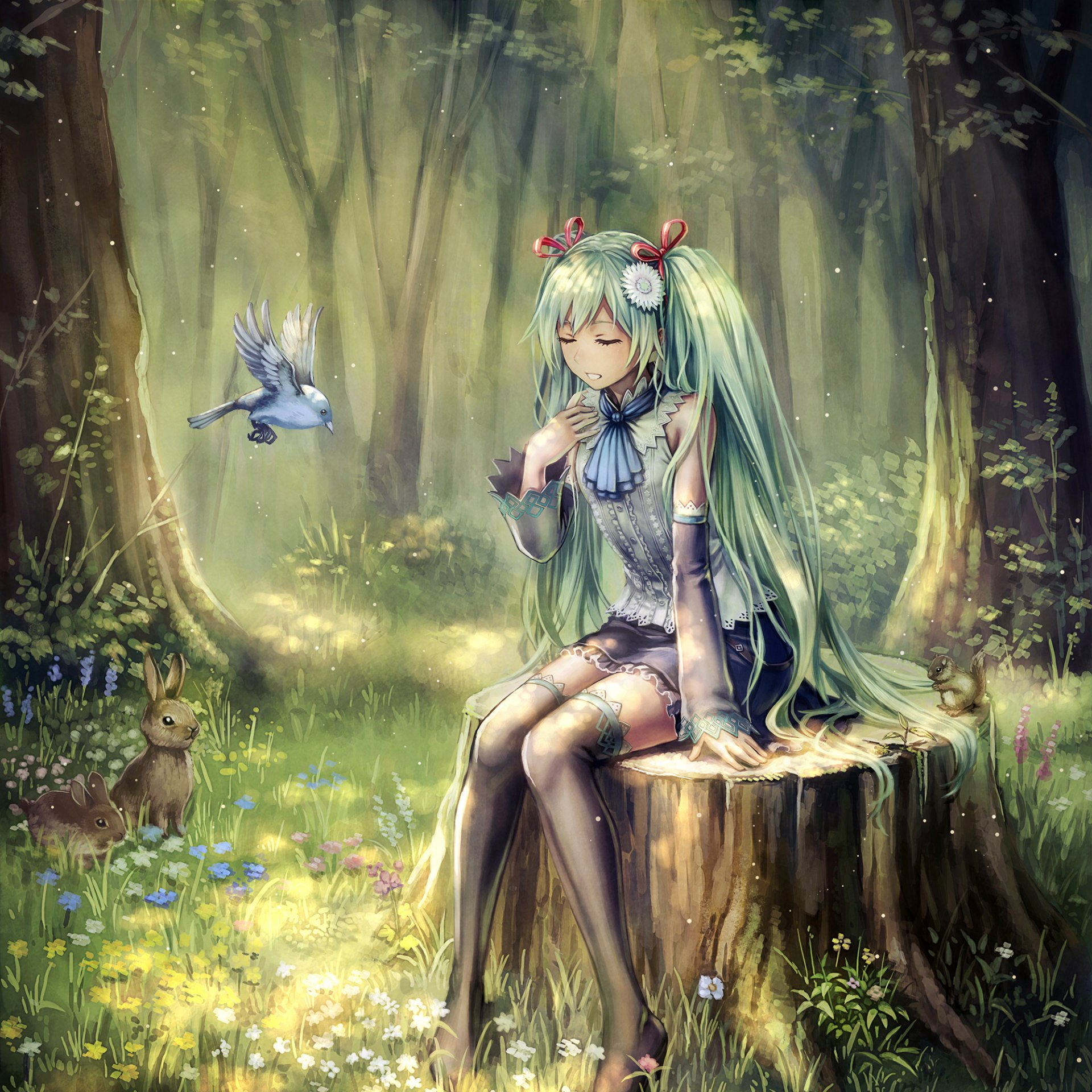 art anbe yoshirou yoshiro ambe hatsune miku vocaloid girl forest birds animals singing anime