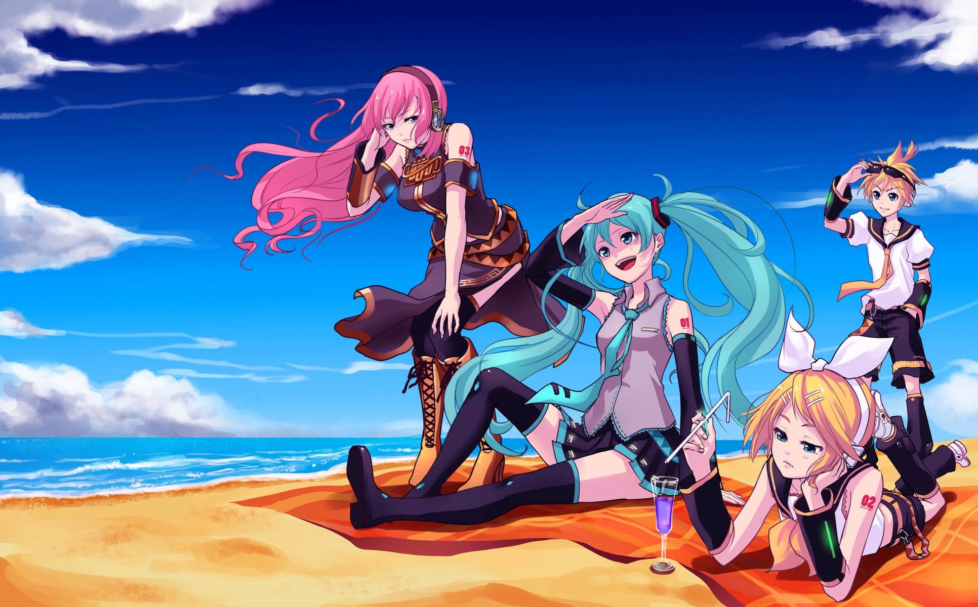 arte vocaloid hatsune miku megurine luka kagamine rin kagamine len ragazze fidanzato mare spiaggia vocaloid cielo nuvole cocktail